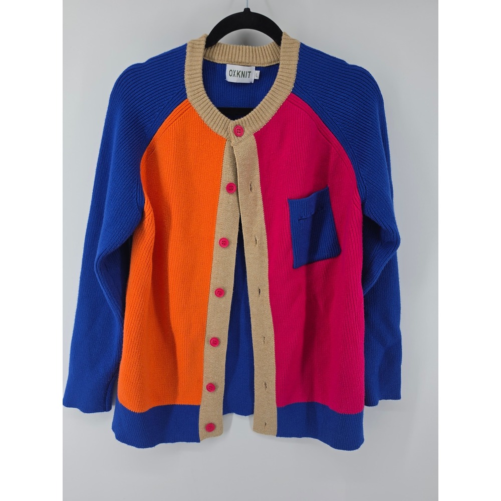 Oxknit Colorblock Cardigan Sweater Blue Orange Pink Ribbed Knit Large